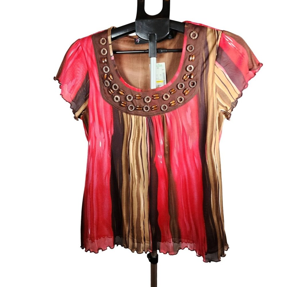 Simply French Red Brown Round Neck Blouse Wood Accent Detail